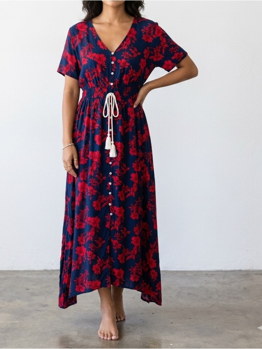 Navy Maxi Dress with Red Floral Print and Drawstring Waist